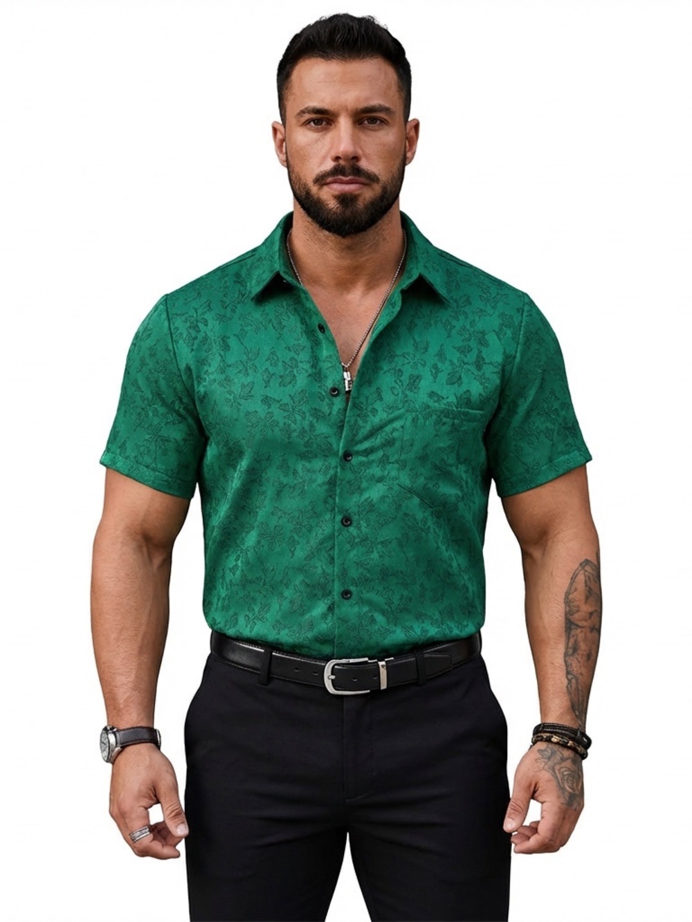 Manfinity Men's Green Floral Jacquard Silky Satin Short Sleeve Shirt – Medium